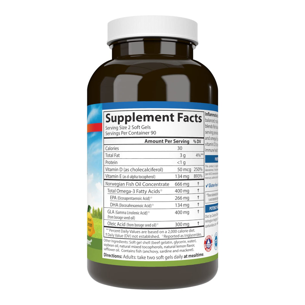 Carlson Inflammation Balance, with D3, From Norway, 180 Softgels
