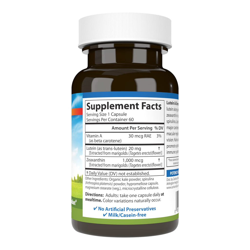 Carlson Lutein & Greens, 20 mg, Vision Support, 60 Vegetarian Capsules