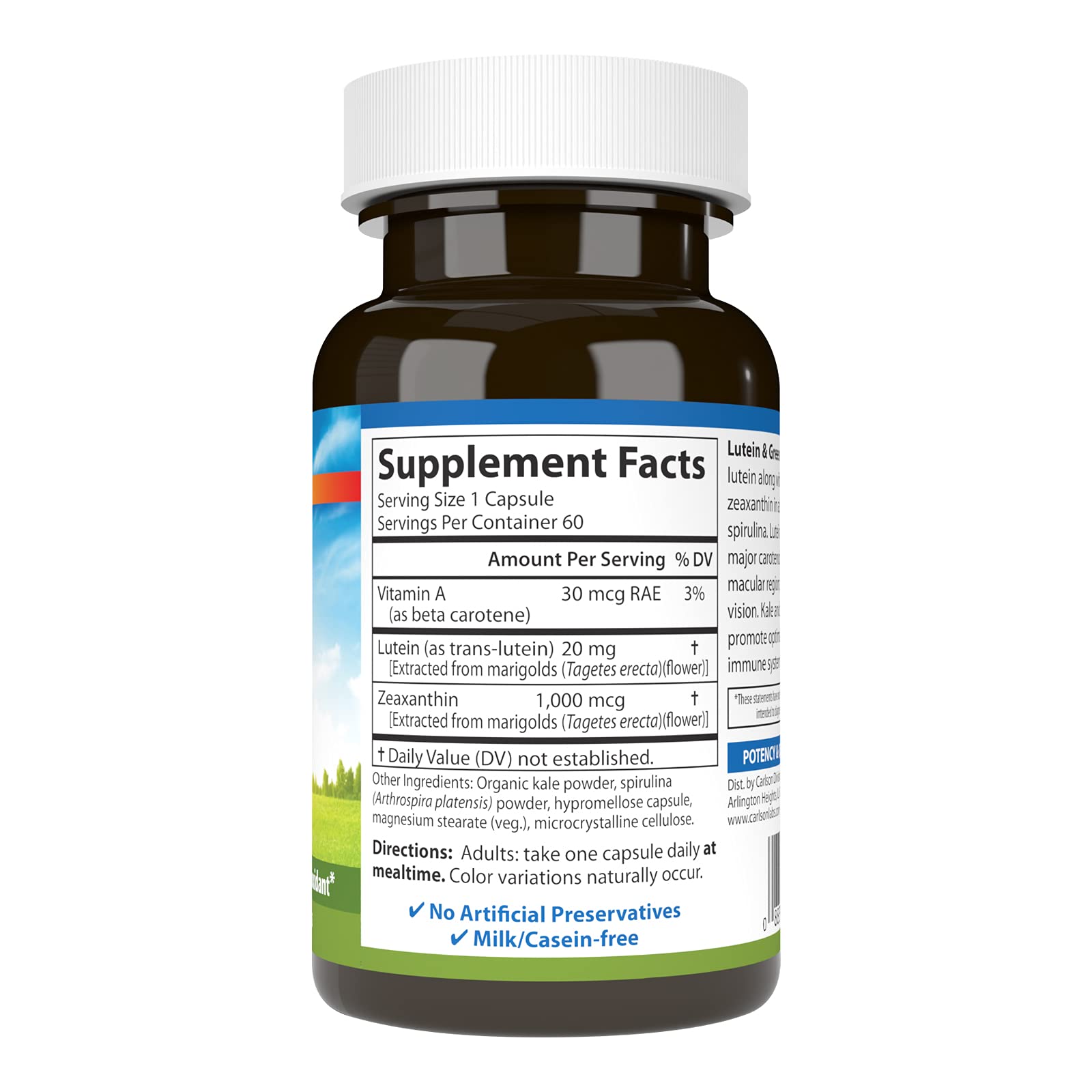 Carlson Lutein & Greens, 20 mg, Vision Support, 60 Vegetarian Capsules