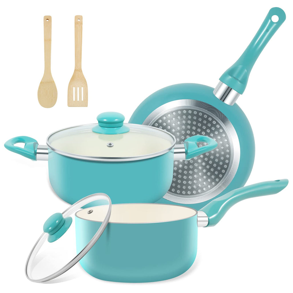 M MELENTA Pots and Pans Set 7 piece, Non Stick Teal Ceramic Cookware Set