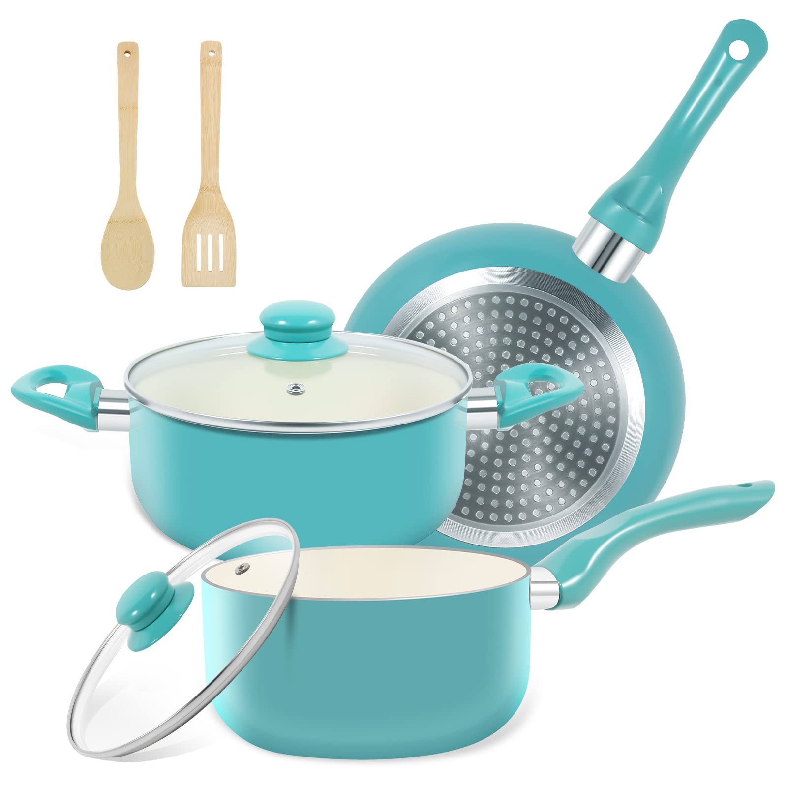 M MELENTA Pots and Pans Set 7 piece, Non Stick Teal Ceramic Cookware Set