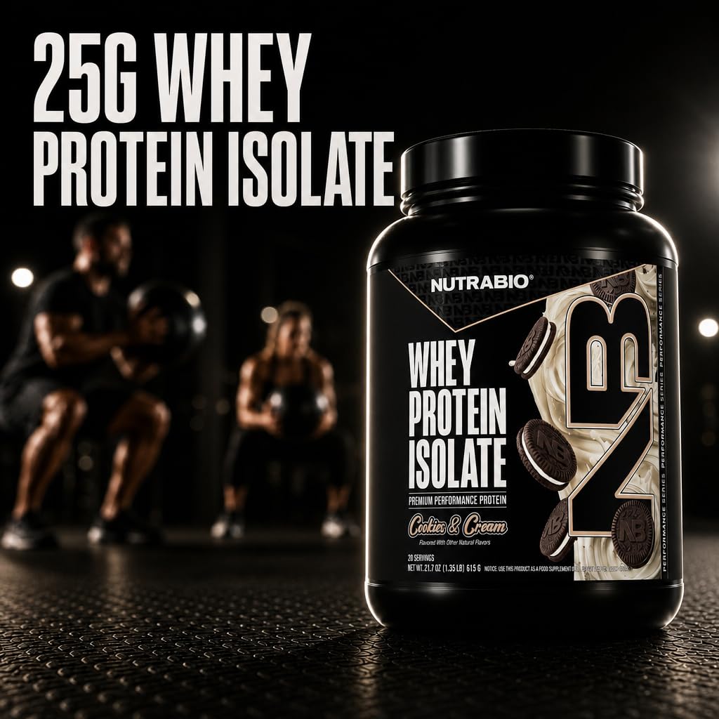 NutraBio 100% Whey Protein Isolate Protein Powder, 25g Protein with Complete Amino Acid Profile, Non-GMO, Soy & Gluten Free, Low Carb, Low Calorie Whey Protein Powder, Cookies & Cream, 20 Servings