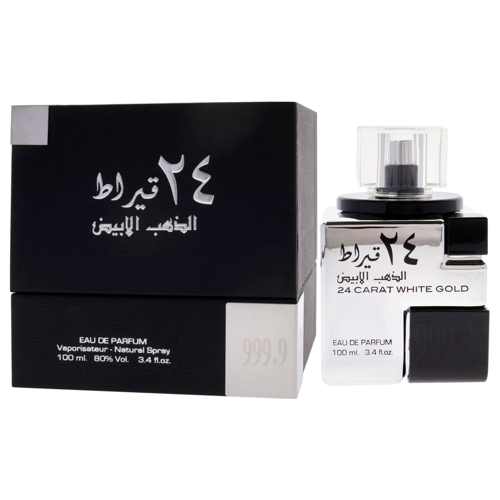 Lattafa 24 Carat White Gold – Fresh, Spicy, Woody – Eau de Parfum Spray Long-Lasting Fragrance for Unisex, 3.4 Ounce / 100 ml