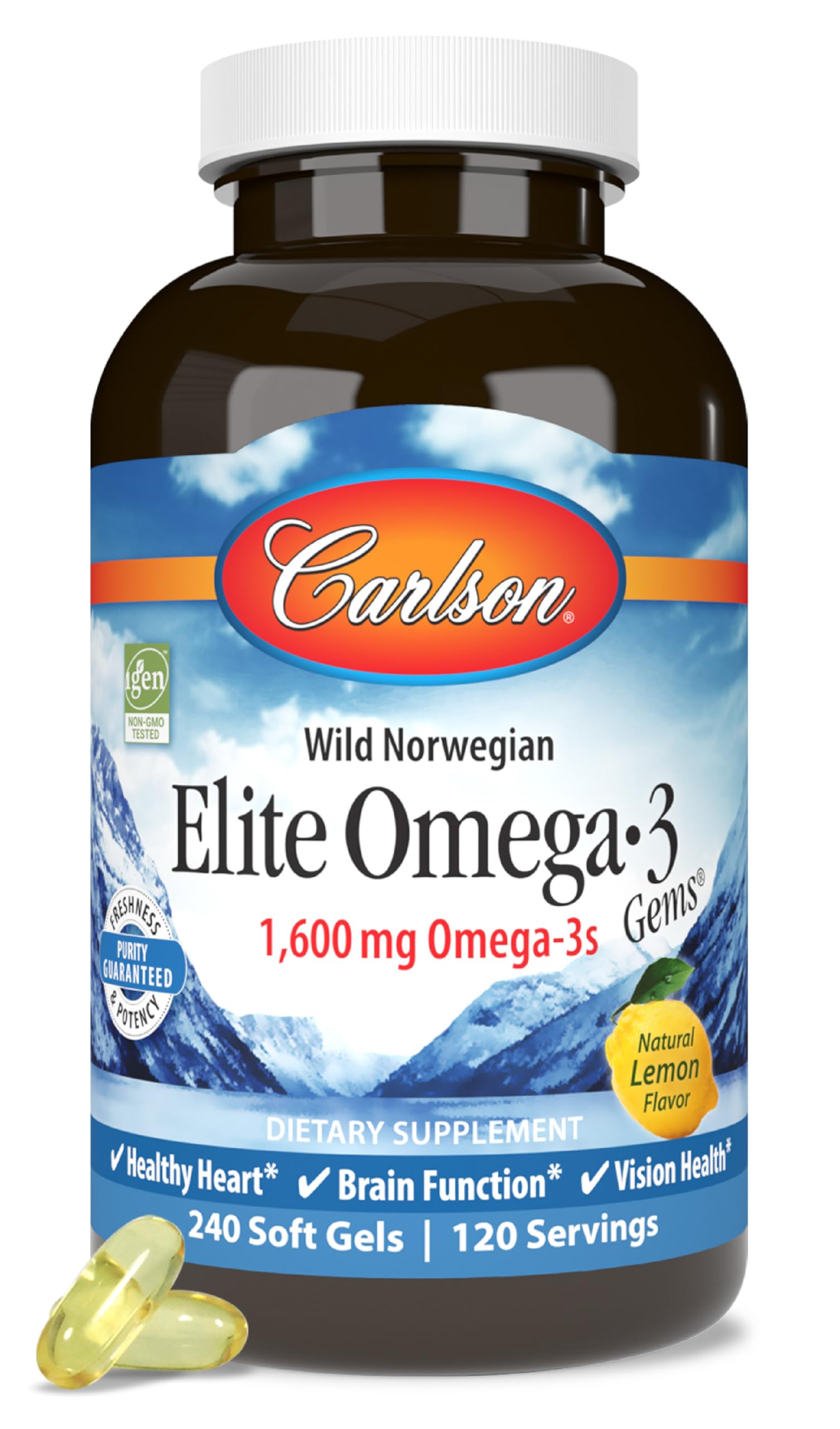 Carlson Elite Omega-3 Gems, 1600 mg, From Norway, Lemon, 240 Softgels
