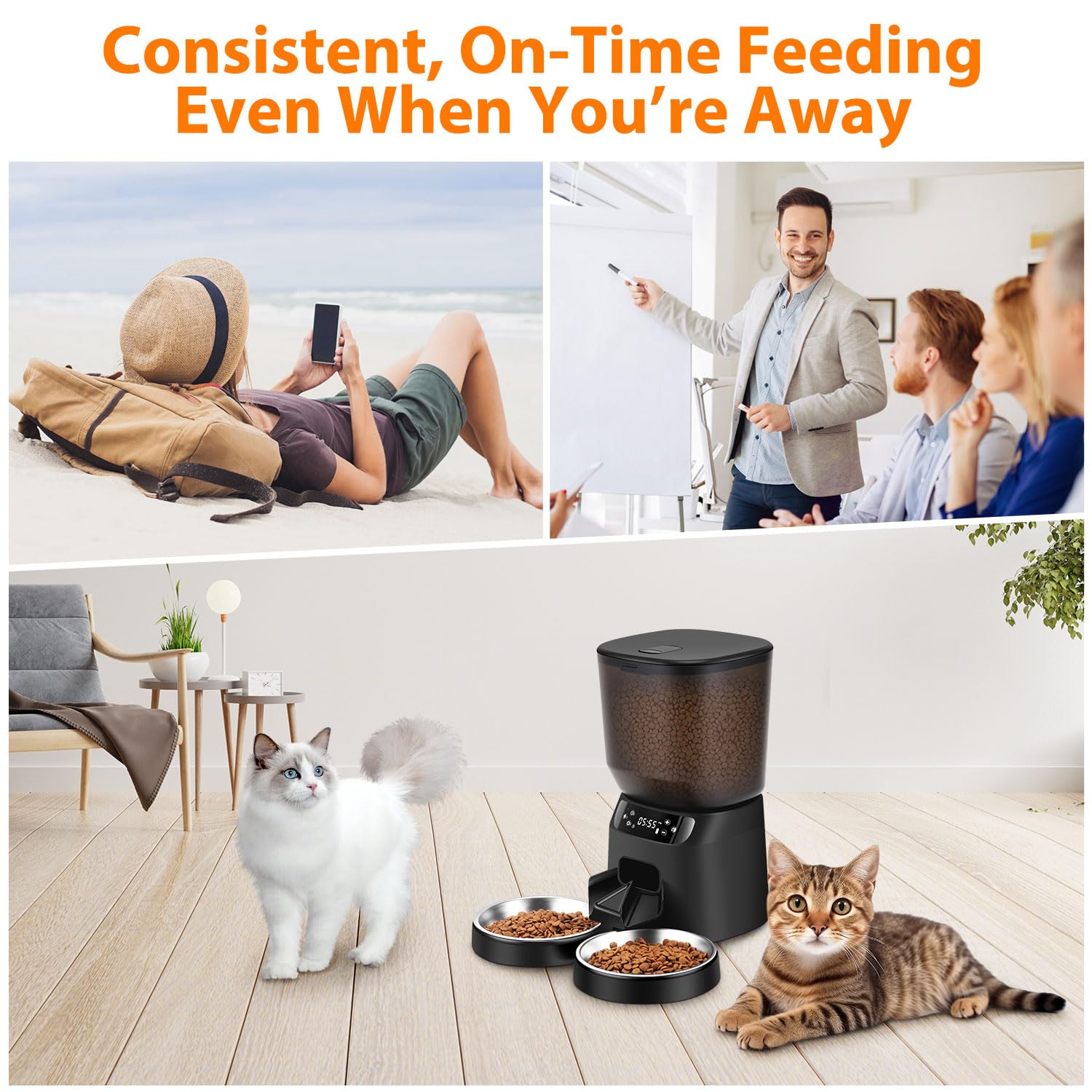 Automatic Cat Feeders for Two Cats, 5L/20 Cups Double Automatic Cat Food Dispenser with 2 Stainless Bowls, Timer Setting 20 Portions 6 Meals Per Day, 10s Meal Call (Black)