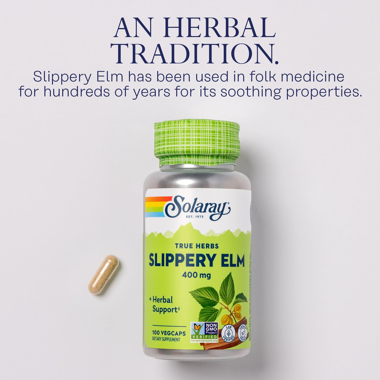 SOLARAY Slippery Elm Bark Capsules (Ulmus Rubra) 400 mg - Soothing Herbal Support with Mucilage - Vegan, Lab Verified - 100 Servings, 100 VegCaps