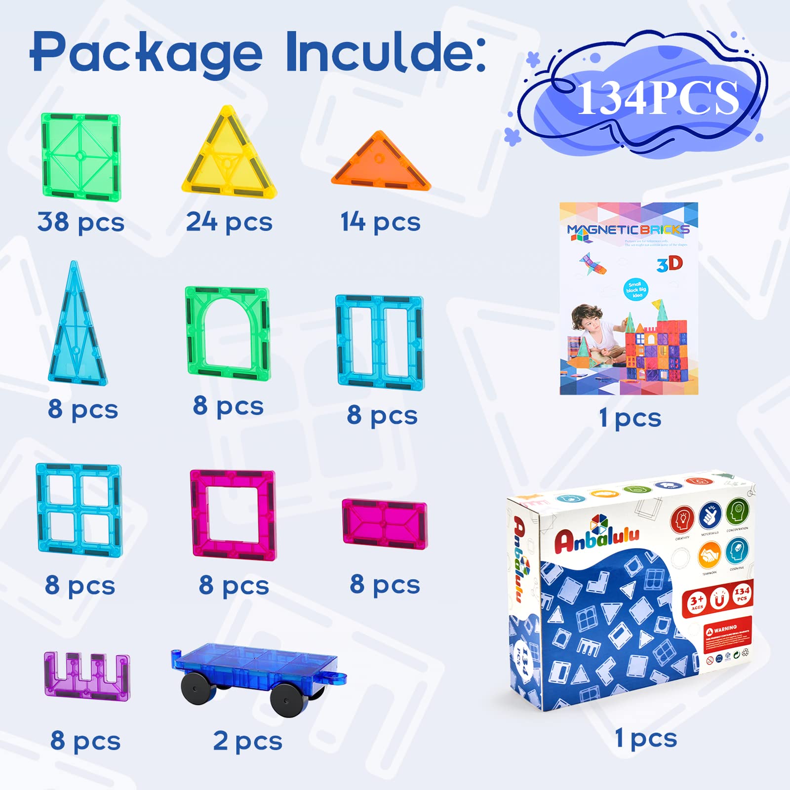 Anbalulu 134PCS Magnetic Building Tiles, Gift for Boys and Girls Ages 3+