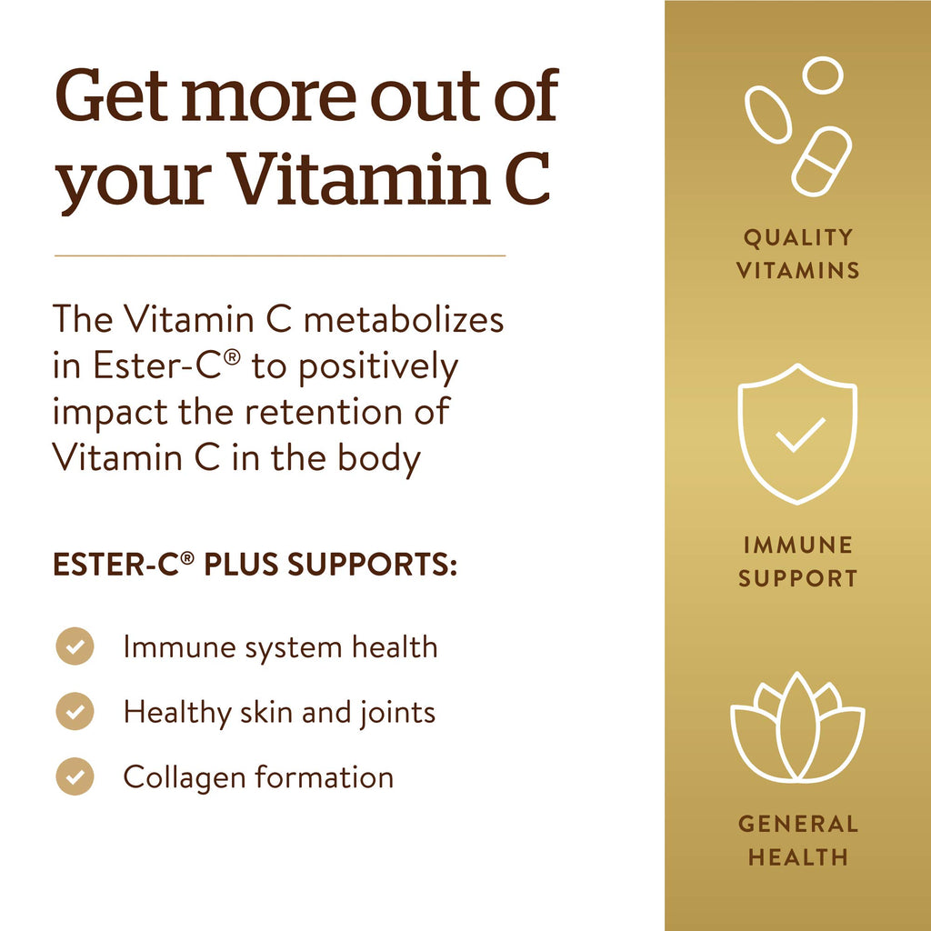 Solgar Ester-C Plus 1000 mg Vitamin C (Ascorbate Complex), 60 Tablets - Gentle On The Stomach & Non Acidic - Antioxidant & Immune System Support - Non GMO, Vegan, Gluten-Free, Kosher - 60 Servings