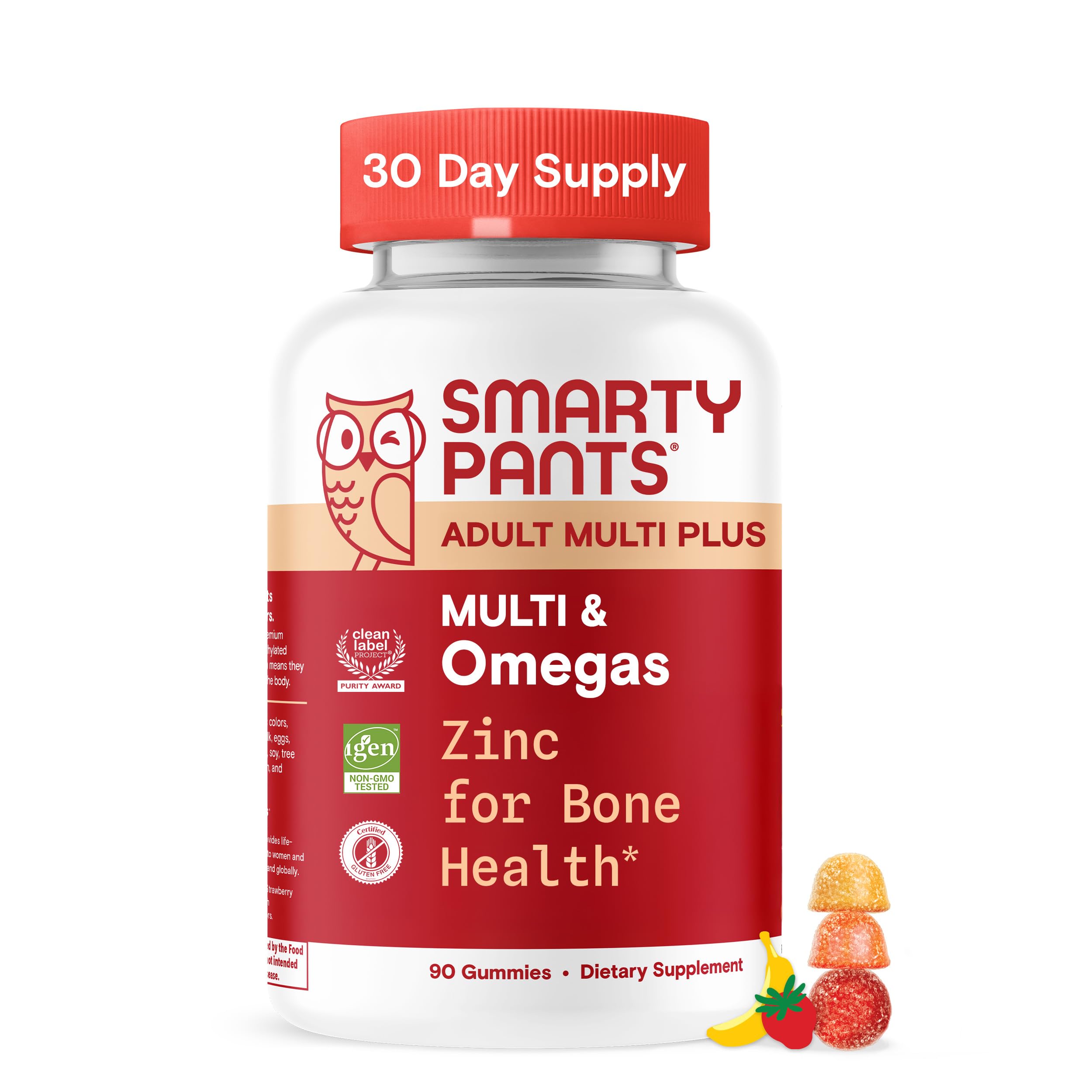 SmartyPants Plus Multi & Omegas Men and Women's Multivitamin Gummies with Omega 3 DHA/EPA, Vitamin D3, C, B12, B6, A, K, Zinc, Biotin, Clean Label, Three Fruit Flavors, 90 Count (30 Day Supply)