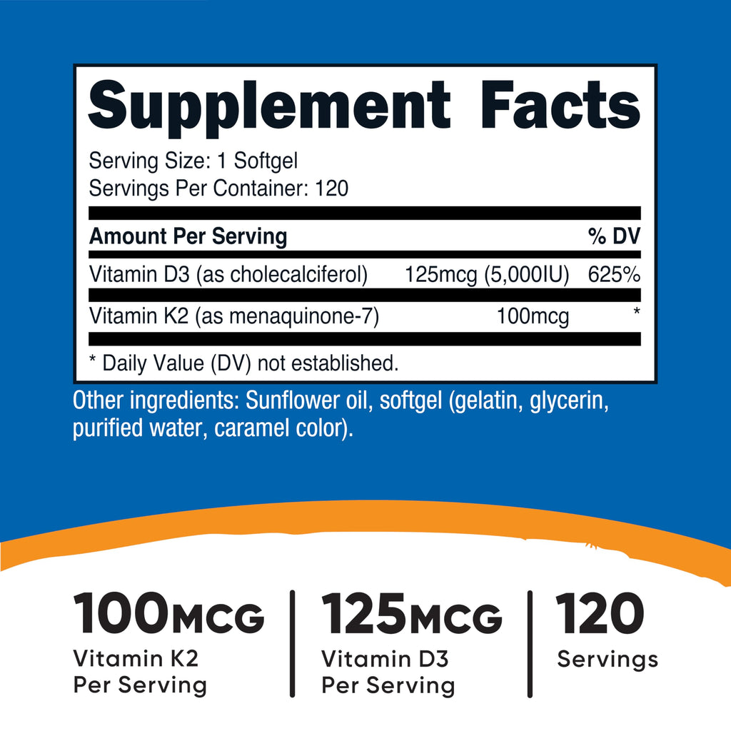 Nutricost Vitamin K2 (MK7) (100mcg) + Vitamin D3 (5000 IU) 120 Softgels - Gluten Free and Non-GMO (Pack of 2)