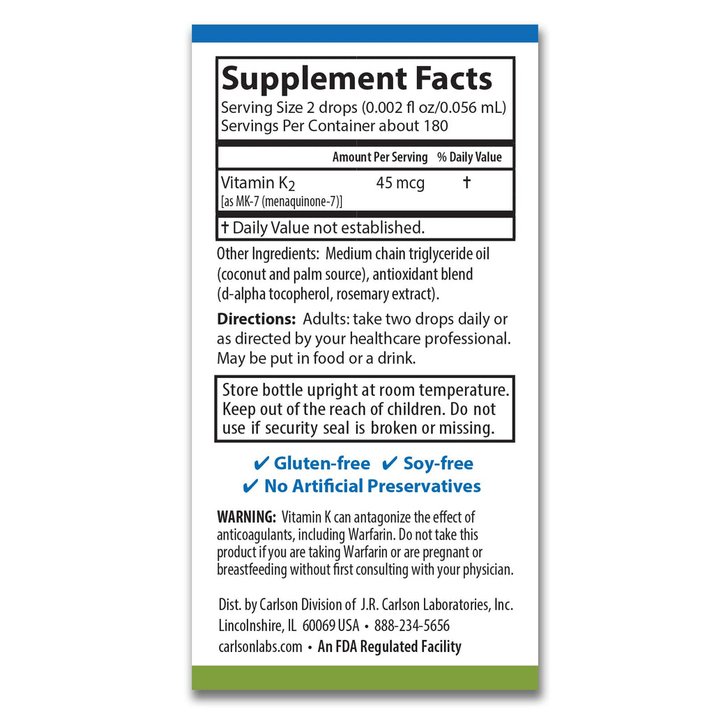 Carlson Super Daily K2, 45 mcg, Liquid Vitamin K, 360 Drops (10.16 mL)