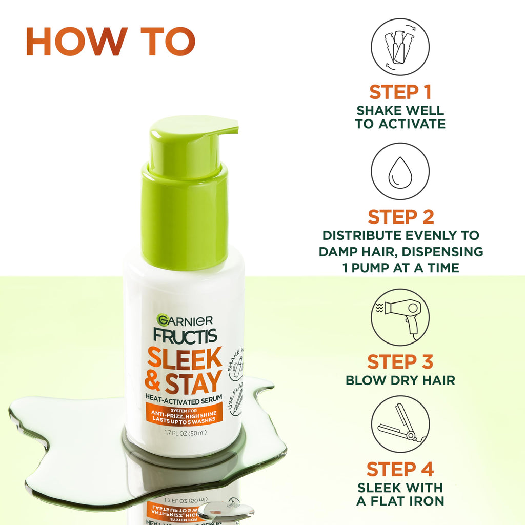 Garnier Fructis Sleek and Shine Sleek and Stay Hair Serum for Frizzy, Dry Hair, Heat Protectant Formulated with Alpha Silane, 1.7 Fl Oz(Packaging May Vary)