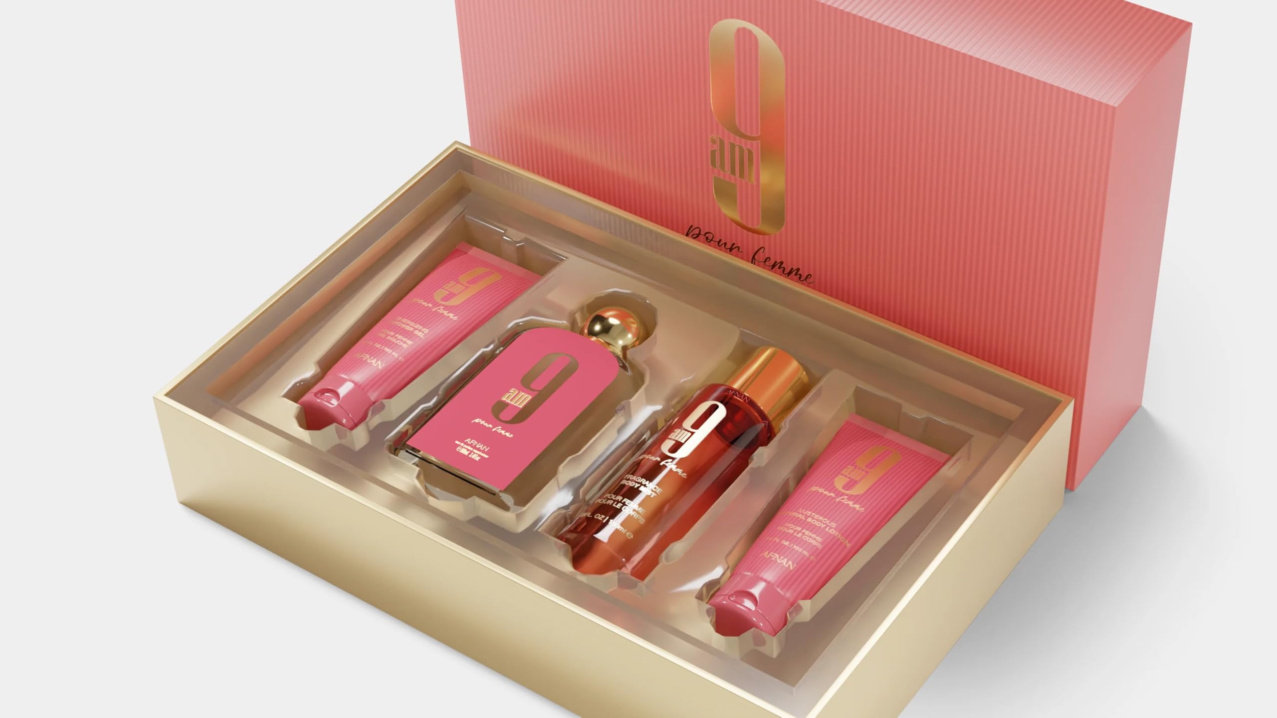 Afnan 9 Am Pour Femme 4-Piece Set, (3.4 Oz Eau De Parfum Spray + 3.4 Oz Shower Gel + 5.0 Oz Body Mist + 3.4 Oz Body Lotion)