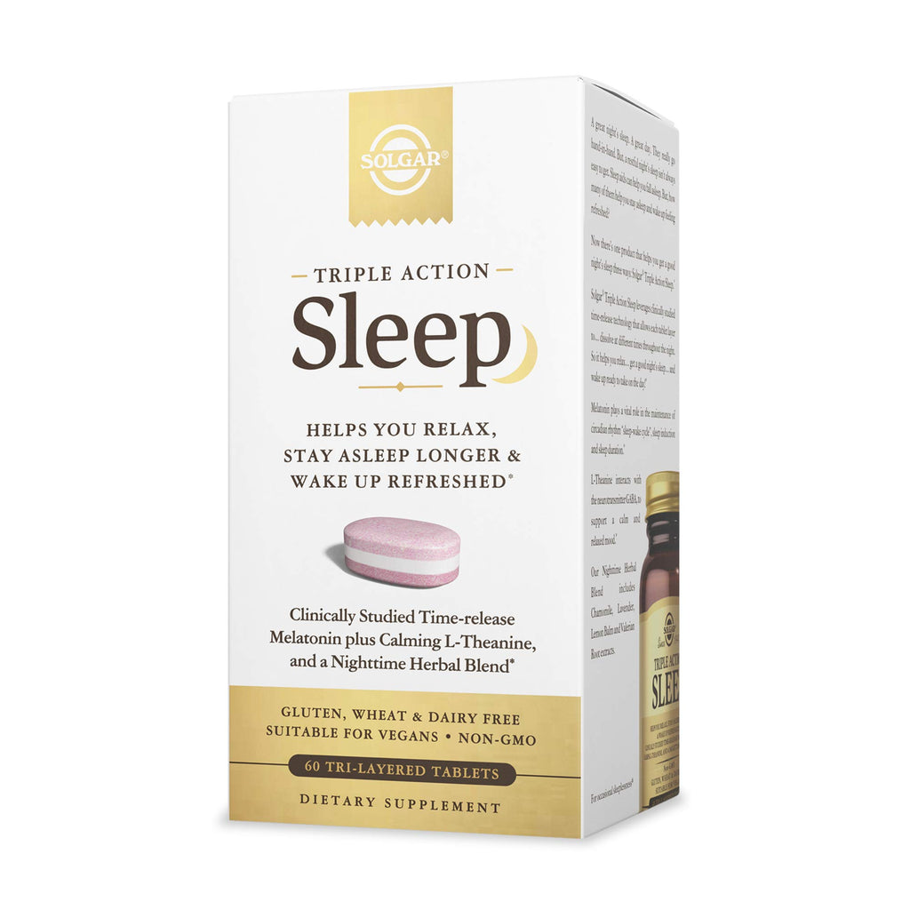 Solgar Triple Action Sleep, 60 Tri-Layer Tablets - Time-Release Melatonin & L-Theanine Plus Herbal Blend - Helps You Relax - Non-GMO, Gluten Free - 60 Servings