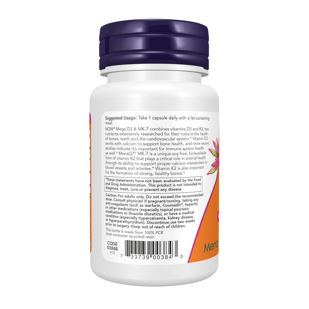 NOW Supplements, Mega D-3 & MK-7 with Vitamins D-3 & K-2, 60 Veg Caps