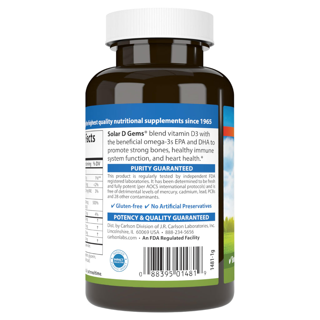 Carlson Solar D Gems, 4000 IU (100 mcg) Vitamin D3, Lemon, 120 Softgels