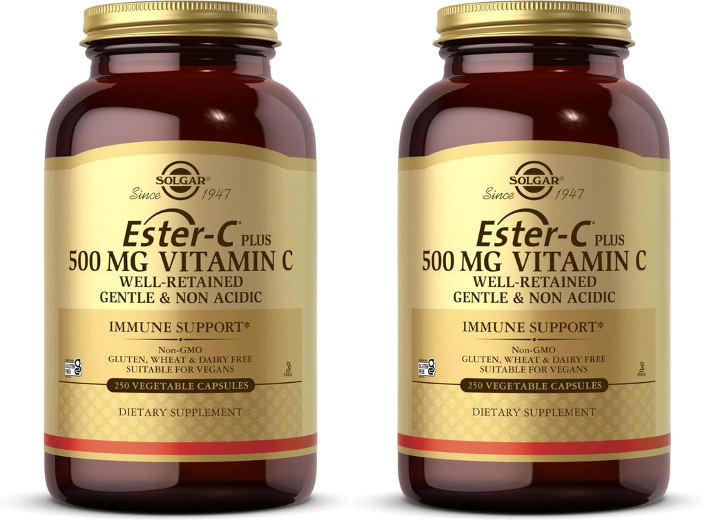 Solgar Ester-C Plus 500 mg Vitamin C (Ascorbate Complex),250 Vegetable Capsules - Gentle & Non Acidic - Antioxidant & Immune Support - Non GMO,Vegan,Gluten Free,Kosher - 250 Servings,(Pack of 2)