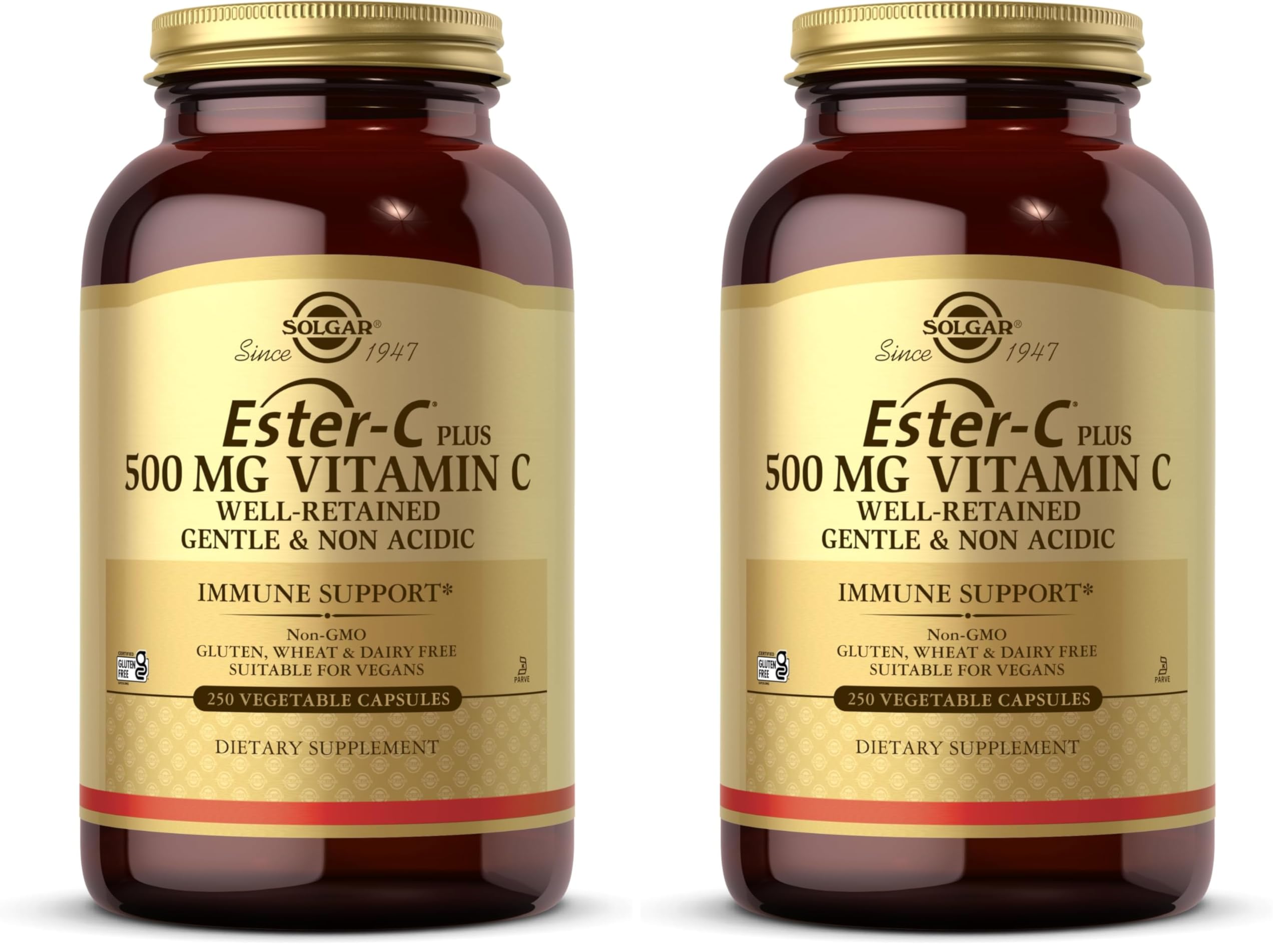 Solgar Ester-C Plus 500 mg Vitamin C (Ascorbate Complex),250 Vegetable Capsules - Gentle & Non Acidic - Antioxidant & Immune Support - Non GMO,Vegan,Gluten Free,Kosher - 250 Servings,(Pack of 2)