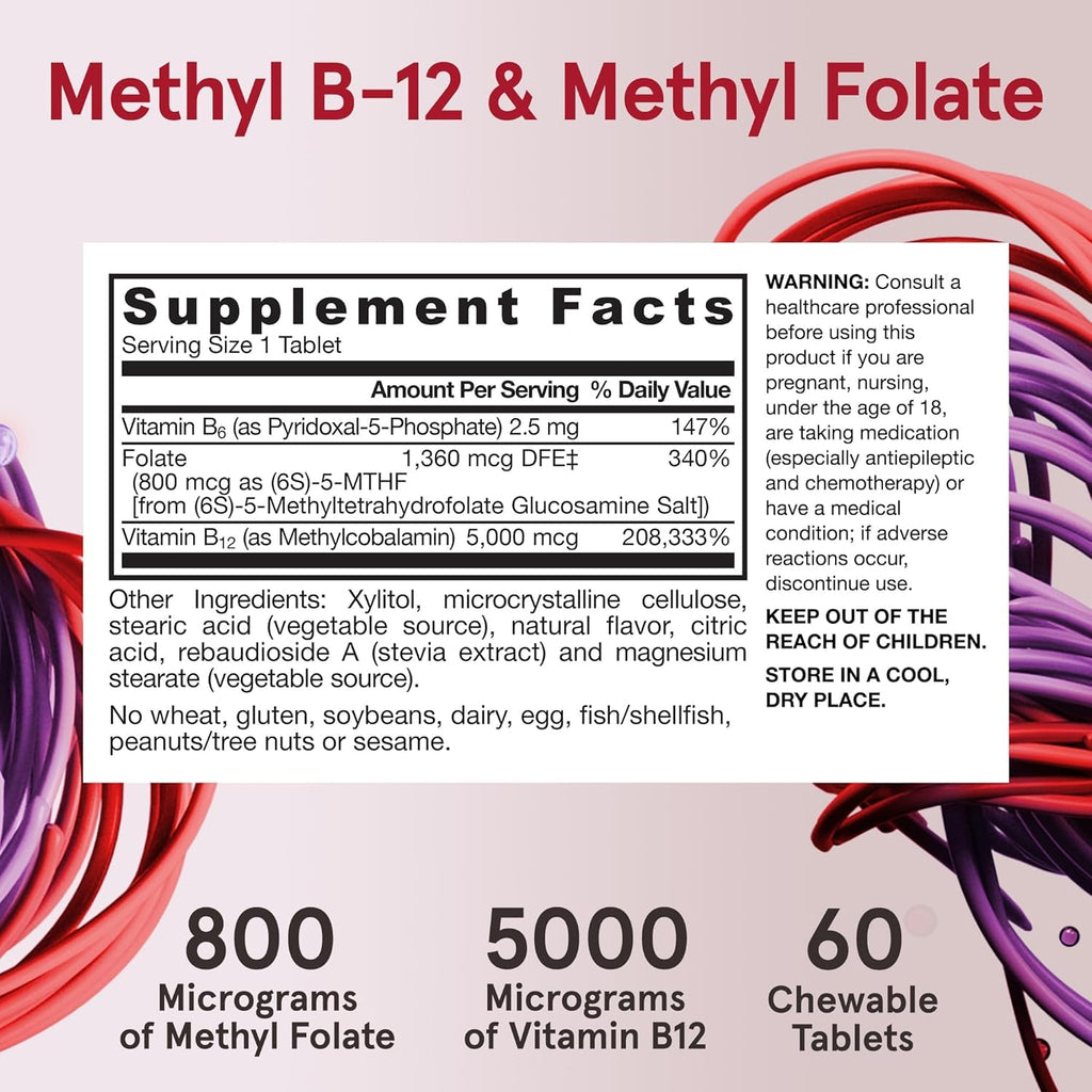 Jarrow Formulas Methyl B-12 & Methyl Folate, Bioactive Vitamin B9 and Vitamin B12 Supplement, Healthy Brain Function & Metabolism, 60 Chewable Tablets, 60 Servings (Pack of 2)