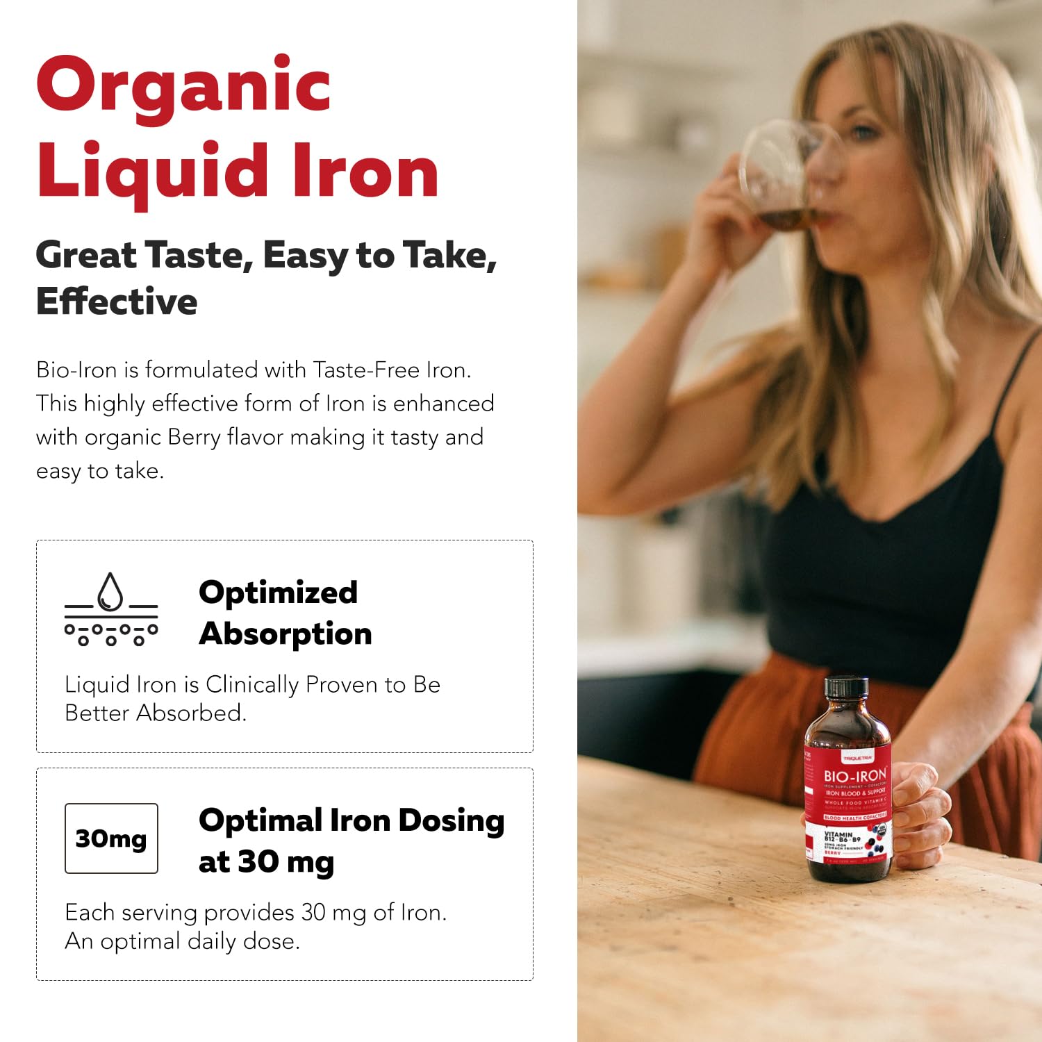 Liquid Iron Supplement | Organic Certified, Berry Flavor - Whole Food Vitamin C Absorption Boost & Blood Building B Vitamins - Methyl B12, L-Methylfolate & B6 - Supports Healthy Iron Levels - 7.6 oz