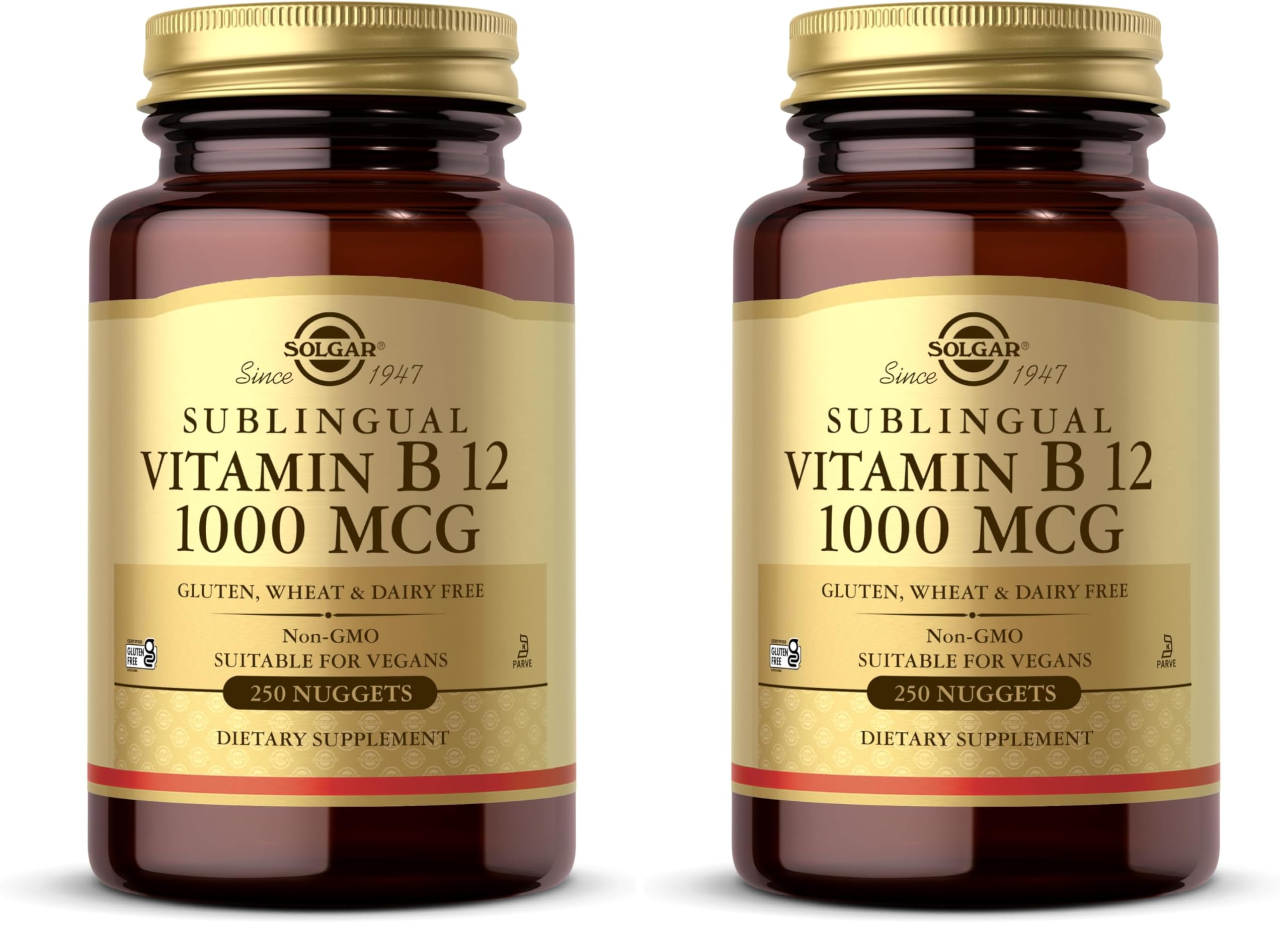 Solgar Vitamin B12 1000 mcg,250 Nuggets-Supports Production of Energy,Red Blood Cells-Healthy Nervous System-Promotes Cardiovascular Health-Vitamin B-Non-GMO,Gluten Free-250 Servings,(Pack of 2)