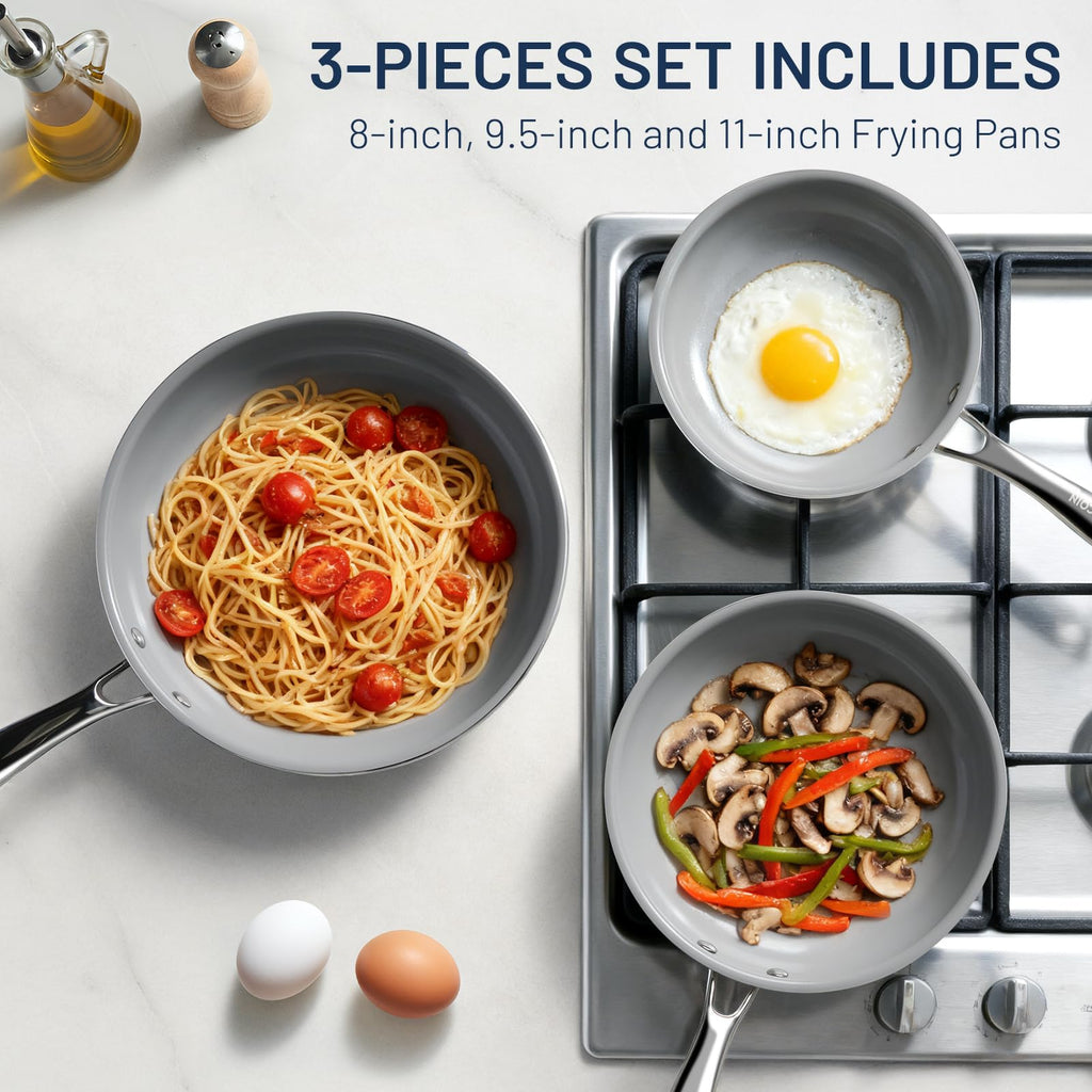 Kikcoin Ceramic Nonstick Frying Pans Set, 3 Piece Skillets (8"+9.5"+11")