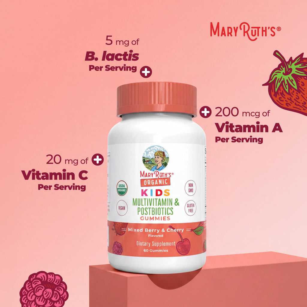 MARYRUTH'S USDA Organic Kids Multivitamin + Postbiotics Gummies, 60 Count