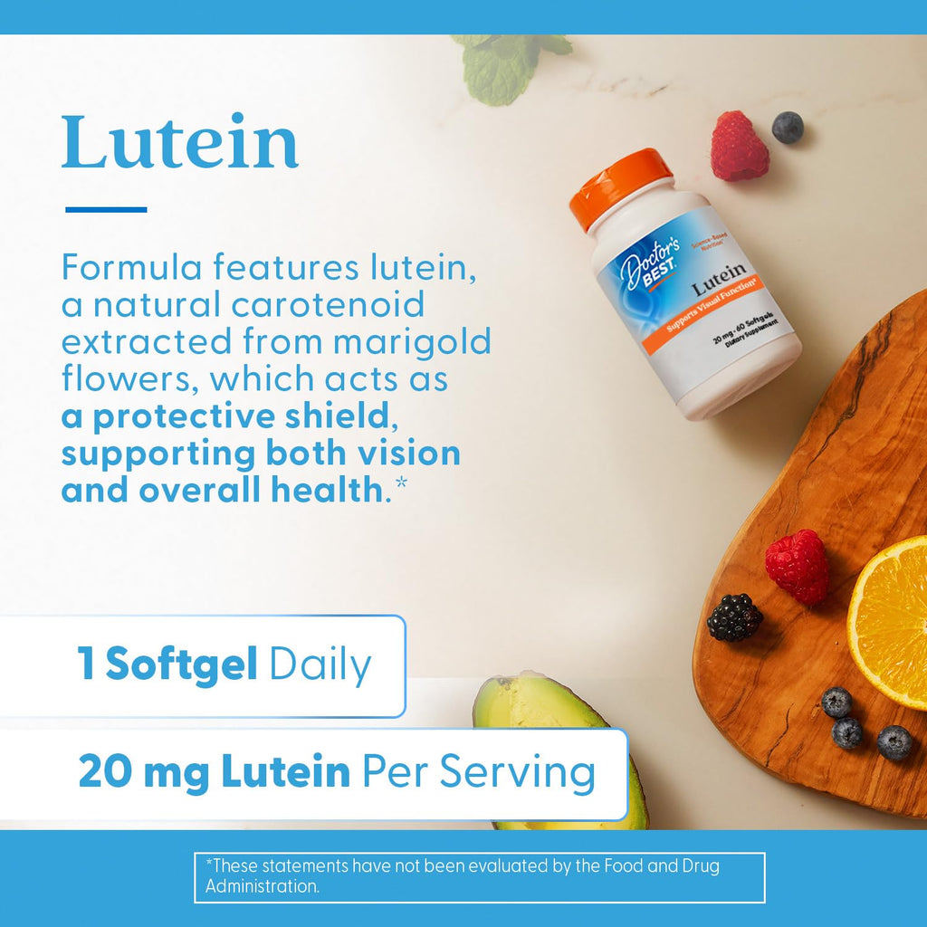 Doctor's Best Lutein Supplement 20mg with Zeaxanthin 1mg - Lutein for Eyes, Eye Health Vitamins for Men & Women, Vision and Macular Health Support Capsules, Marigold Flower Extract - 60 Softgels