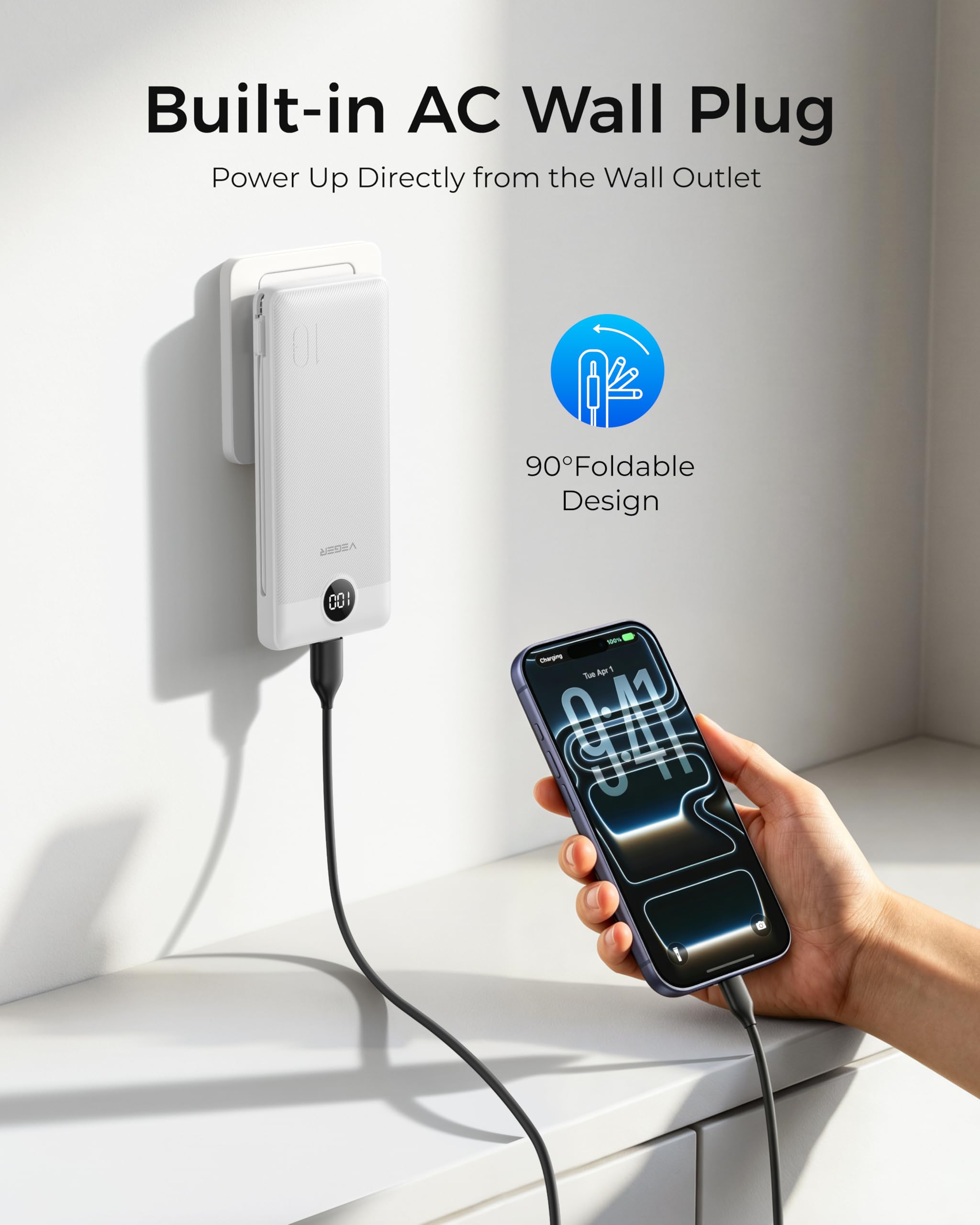 VEGER Portable Charger for iPhone, Power Bank Built in Cables and Wall Plug
