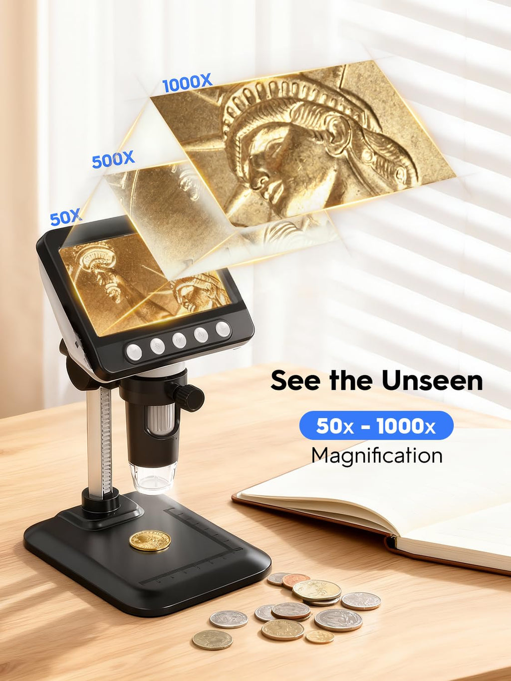 WKR Coin Microscope, 4.3" LCD USB Digital 1000X 1080P Coin Magnifier