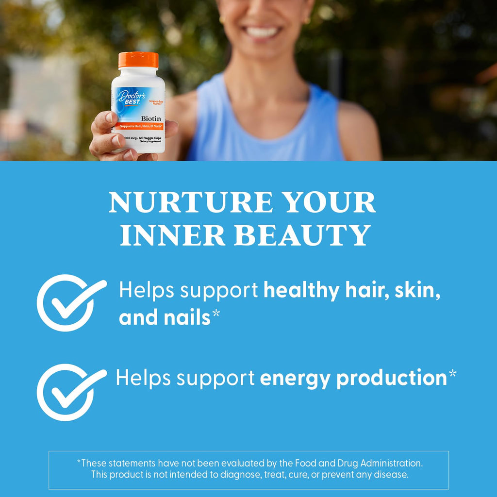 Doctor's Best Biotin Vitamin Supplement 5000 mcg for Men & Women - Biotin Capsules for Hair Growth Support, Skin, & Nails, Non GMO, Gluten Free, Soy Free, Vegan - 120 Veg Caps