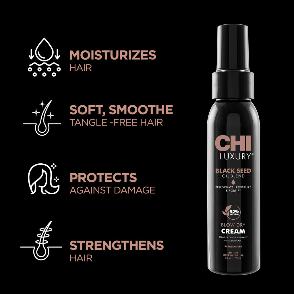 CHI Luxury Black Seed Oil Blow Dry Cream, Moisturizing Styling Cream For Sleek & Smooth Hair, Light-Hold, Sulfate, Paraben & Gluten-Free, 6 Oz