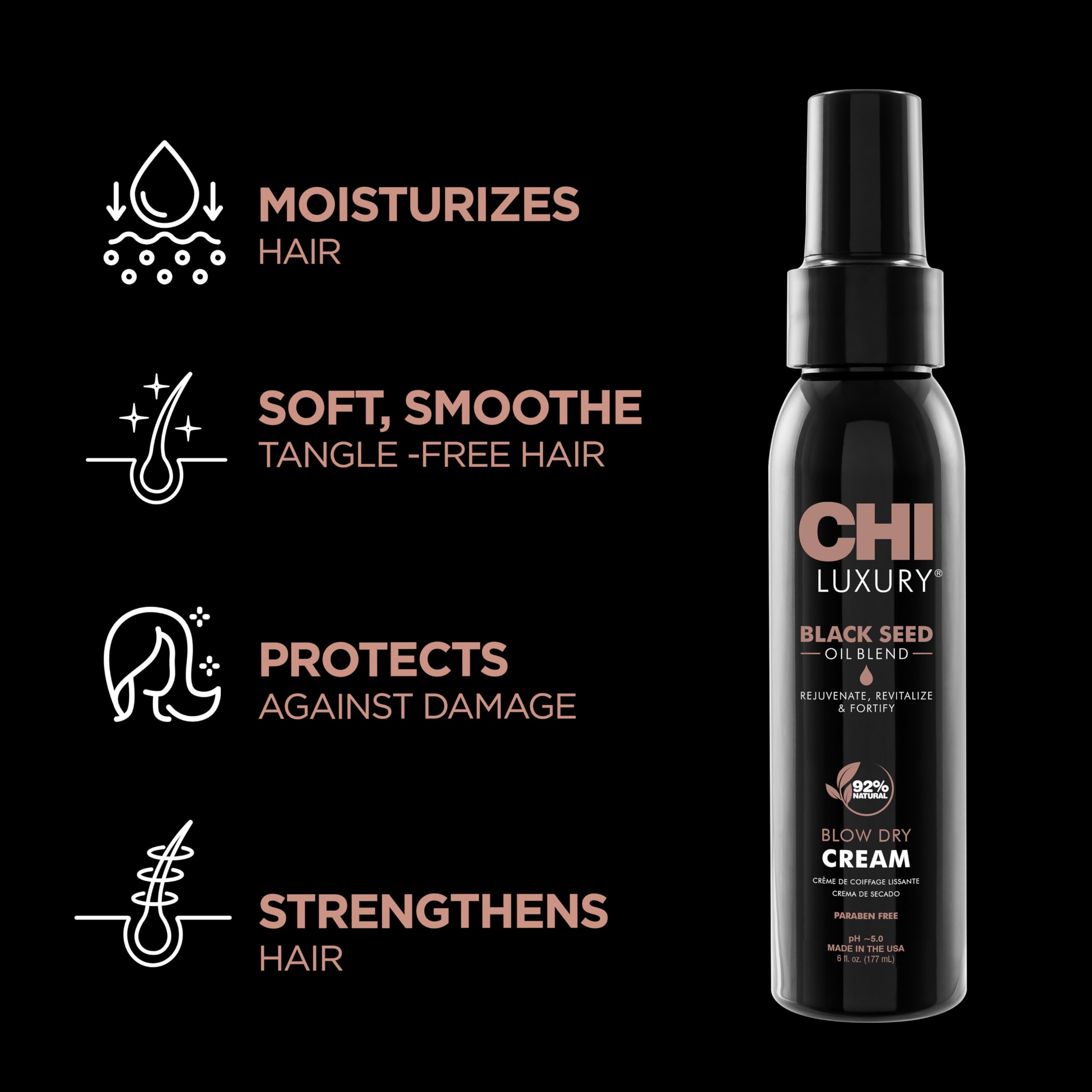 CHI Luxury Black Seed Oil Blow Dry Cream, Moisturizing Styling Cream For Sleek & Smooth Hair, Light-Hold, Sulfate, Paraben & Gluten-Free, 6 Oz