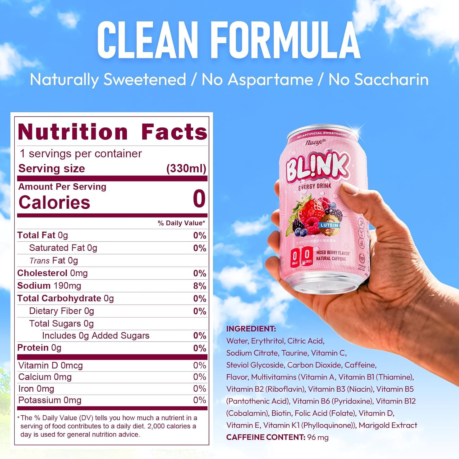 NÜLIFE Sugar Free Energy Drink Mixed Berry, Pack of 12, 96mg Natural Caffeine, Lutein for Eye Support Drinks, Vitamin Enriched, BL!NK Healthy Clean Energy, No Artificial Sweetener, 11.16 Fl Oz