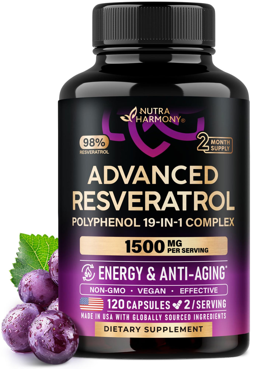 Resveratrol Supplement - 19-in-1 Organic Polyphenol Complex - Noni Extract | Berberine | Quercetin | Apple Cider Vinegar | Acai - for Women & Men - Antioxidant & Heart Health Support - 120 Capsules