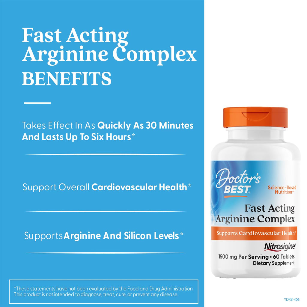Doctor's Best Fast Acting Arginine Complex - L Arginine Supplements for Men & Women, Helps Nitric Oxide Level, Blood Flow & Cardiovascular Health Support, 1500 mg Per Serving, Vegan - 60 Tablets