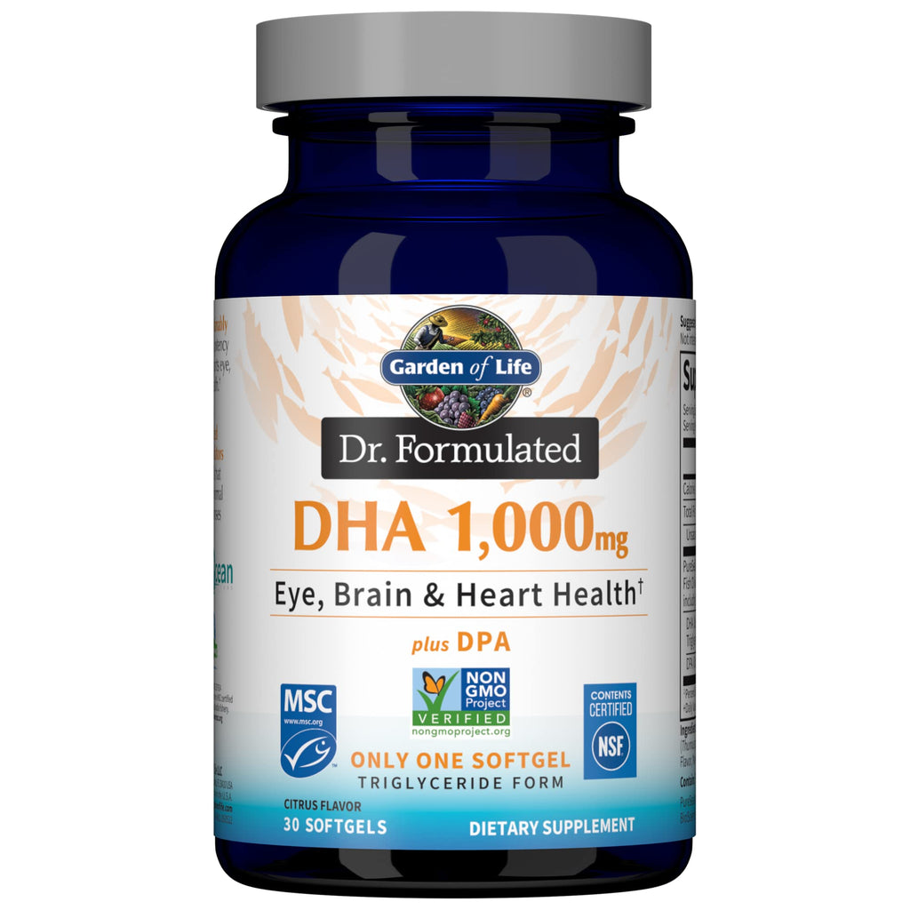 Garden of Life Dr. Formulated DHA 1,000mg Fish Oil, Once Daily Omega 3 Fish Oil Supplement with 1,000mg DHA + DPA in Triglyceride Form for Brain & Heart Health, Non-GMO, Citrus Flavored, 30 Softgels