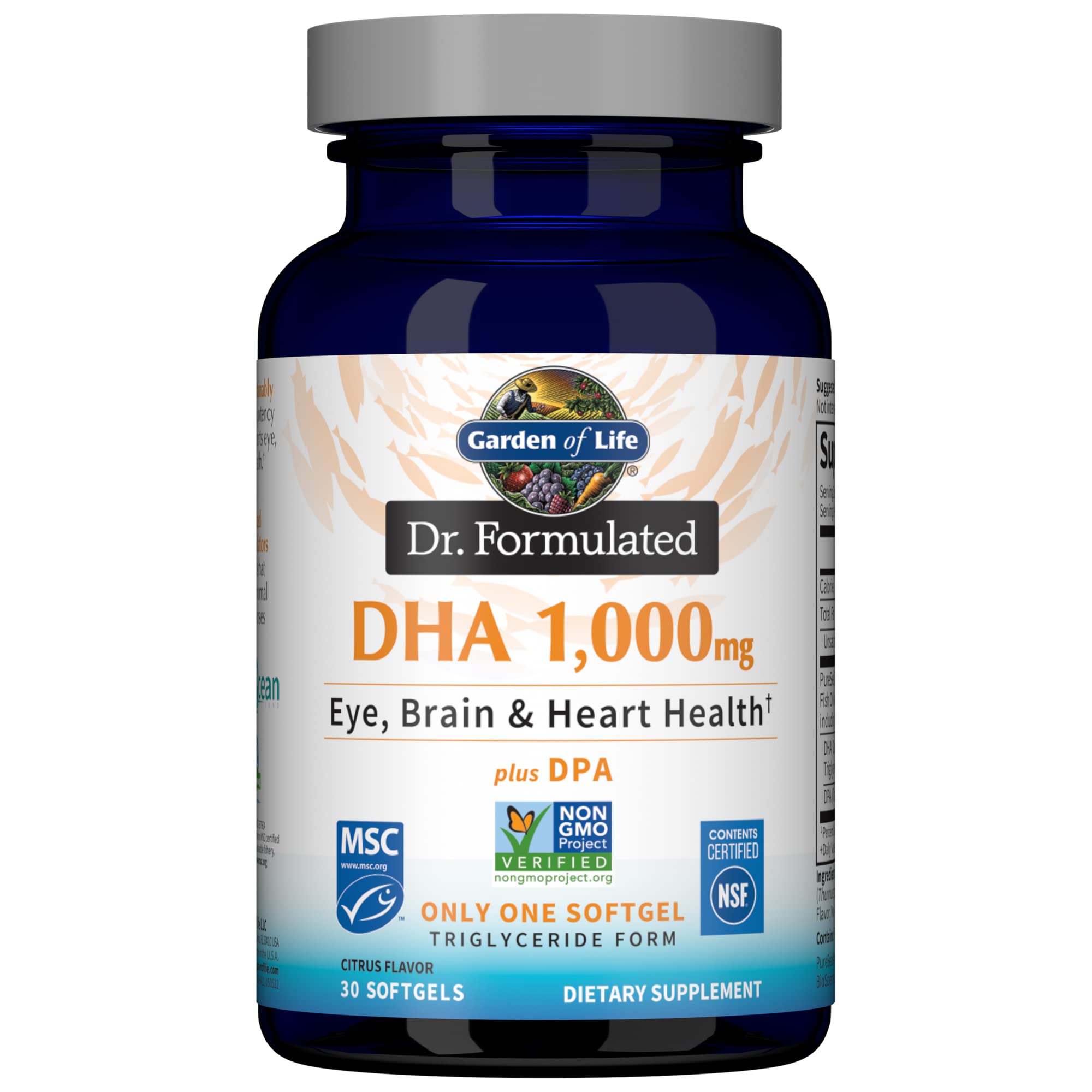 Garden of Life Dr. Formulated DHA 1,000mg Fish Oil, Once Daily Omega 3 Fish Oil Supplement with 1,000mg DHA + DPA in Triglyceride Form for Brain & Heart Health, Non-GMO, Citrus Flavored, 30 Softgels