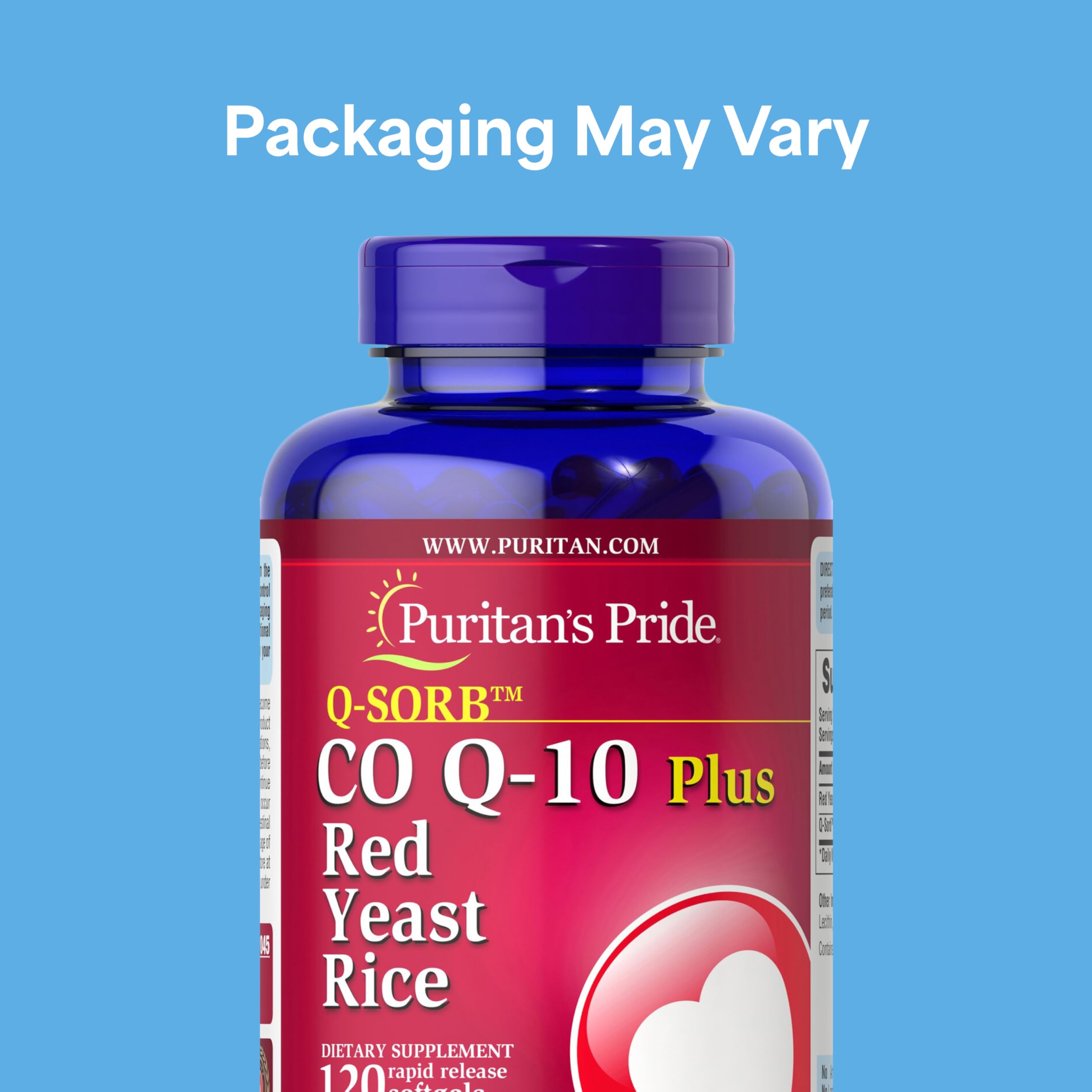 Puritan's Pride Q-Sorb™ Coenzyme CoQ10 Dietary Supplement for Heart Health, Oral Gum Health, and Healthy Aging Support, Plus Red Yeast Rice for Improved Digestion, 120 Rapid Release Softgels