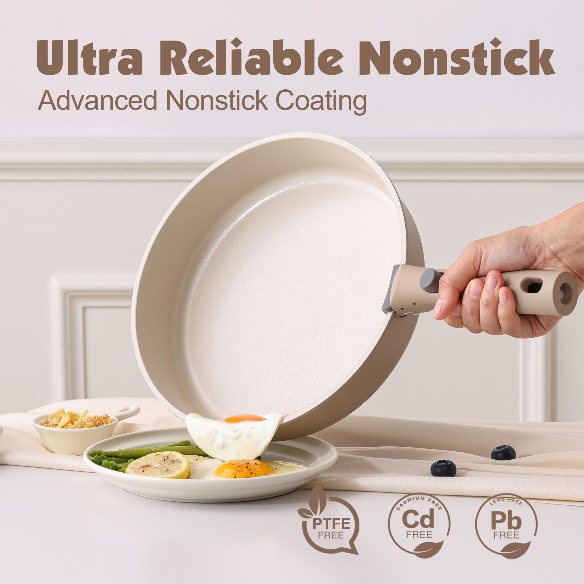 SENSARTE 17 Piece Ceramic Detachable Handle Pots and Pans Set Almond Beige