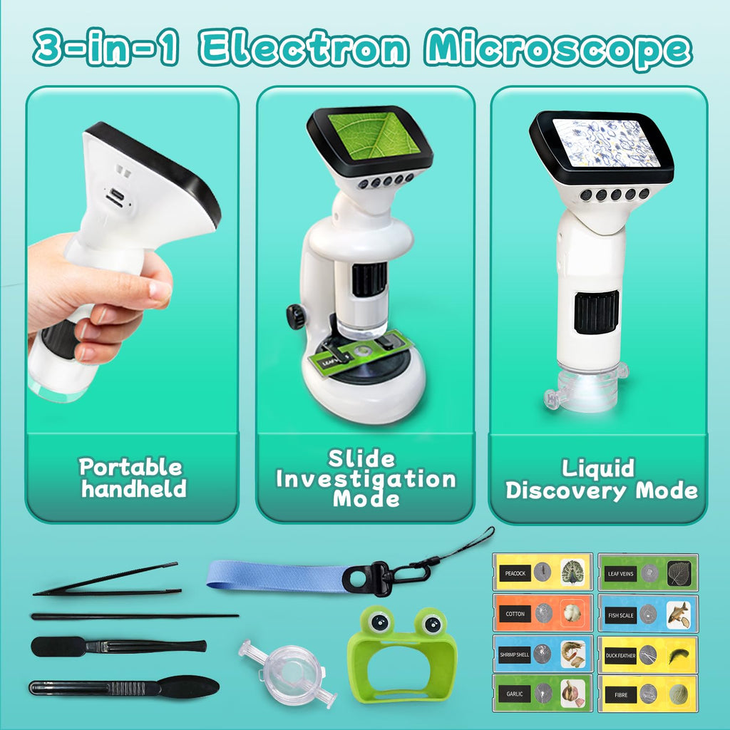 GEMUFO Microscope for Kids with 12 Slides, 200X-1000X,2.4" Screen Digital Handheld Kids Microscope Kit, Portable Pocket Removable Miniscope Science Toys Gifts for for 3 4 5 6 7 8 9 10 11 12 Year Old