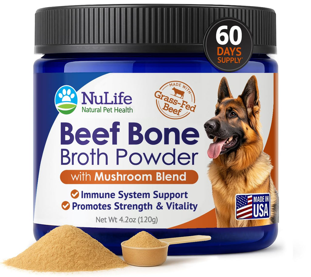 Grass-Fed Beef Bone Broth Powder for Dogs - Rich in Protein & Collagen, Enhanced with Mushroom Blend for Strong Bones, Joint Flexibility, Digestive Comfort & Immune Support - Made in USA - 4.2oz