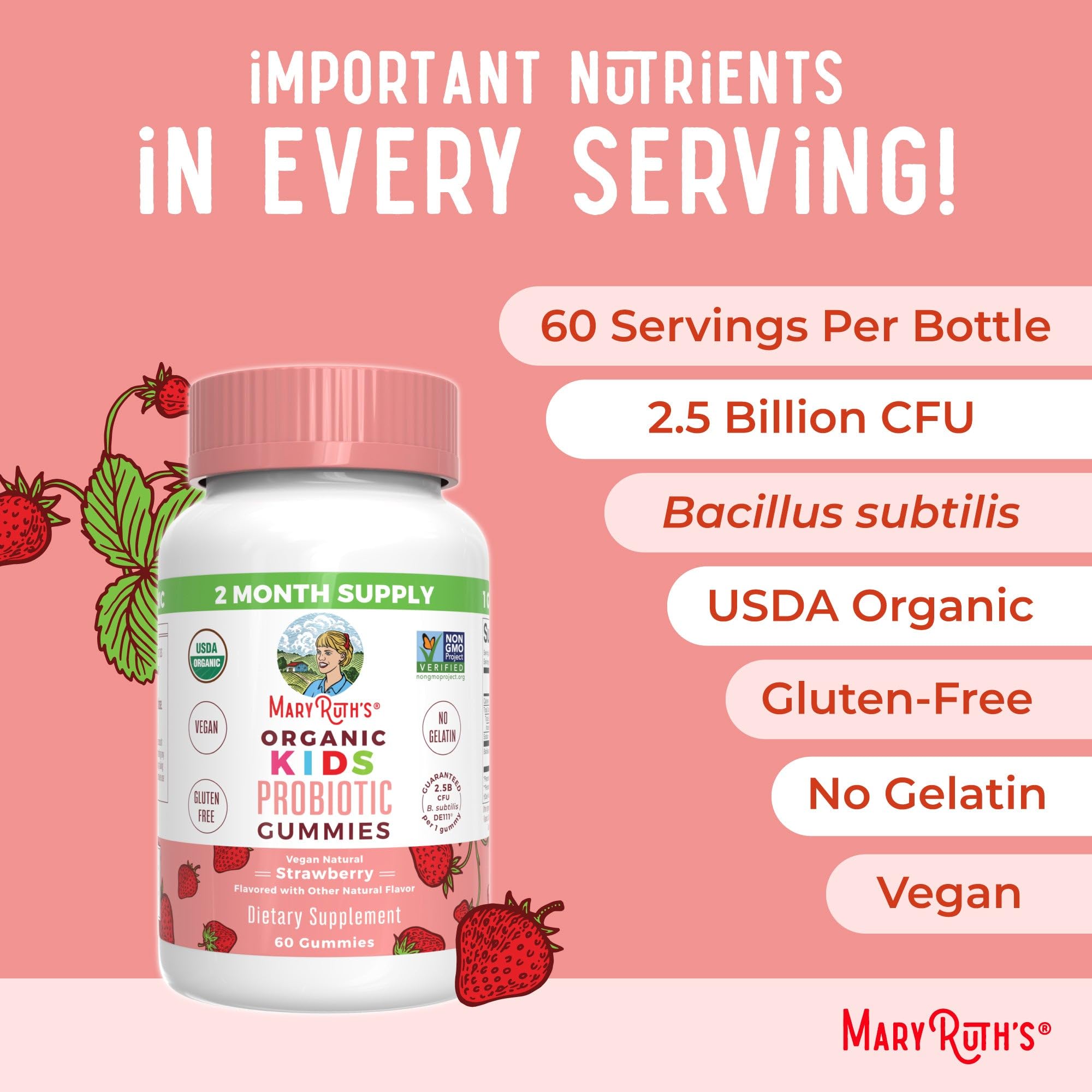 MARYRUTH'S Organics Multivitamin and Probiotic Gummies (Strawberry) for Kids | Clean Label Project Verified® | Vitamins for Gut Health, Immunity, & Overall Wellness | Vegan, Non-GMO, Gluten Free