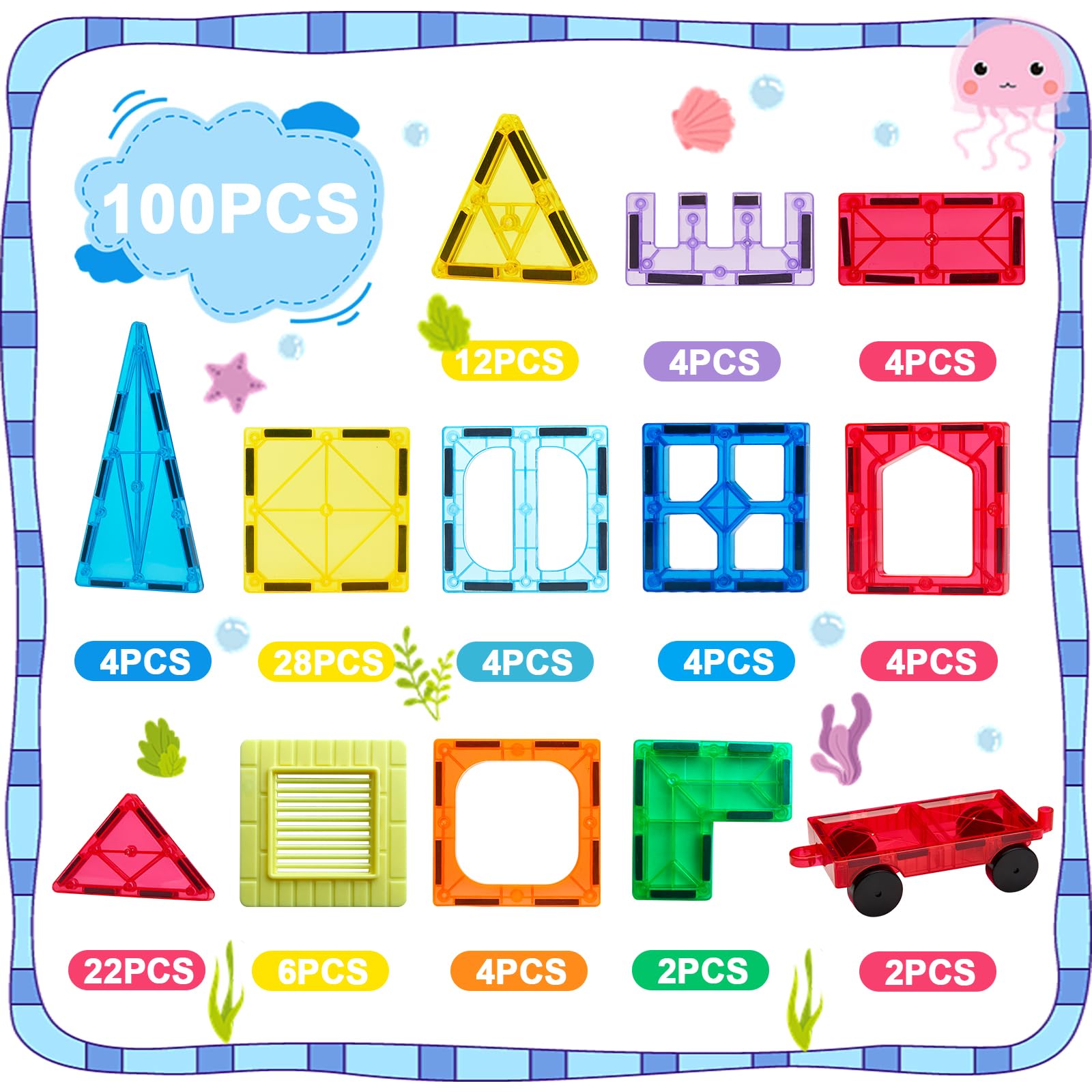 Anbalulu Magnetic Tiles 100PCS with 2 Cars, Set for Kids Ages 3-9
