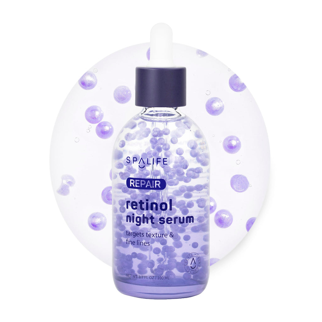 Spa Life Face Serum: REPAIR Retinol Night Serum 100 ml (3.7 oz) Smoothing, Resurfacing, Gently Exfoliating - Targets Fine Lines, Texture, Dark Spots - Boosts Cellular Turnover & Clearer Skin