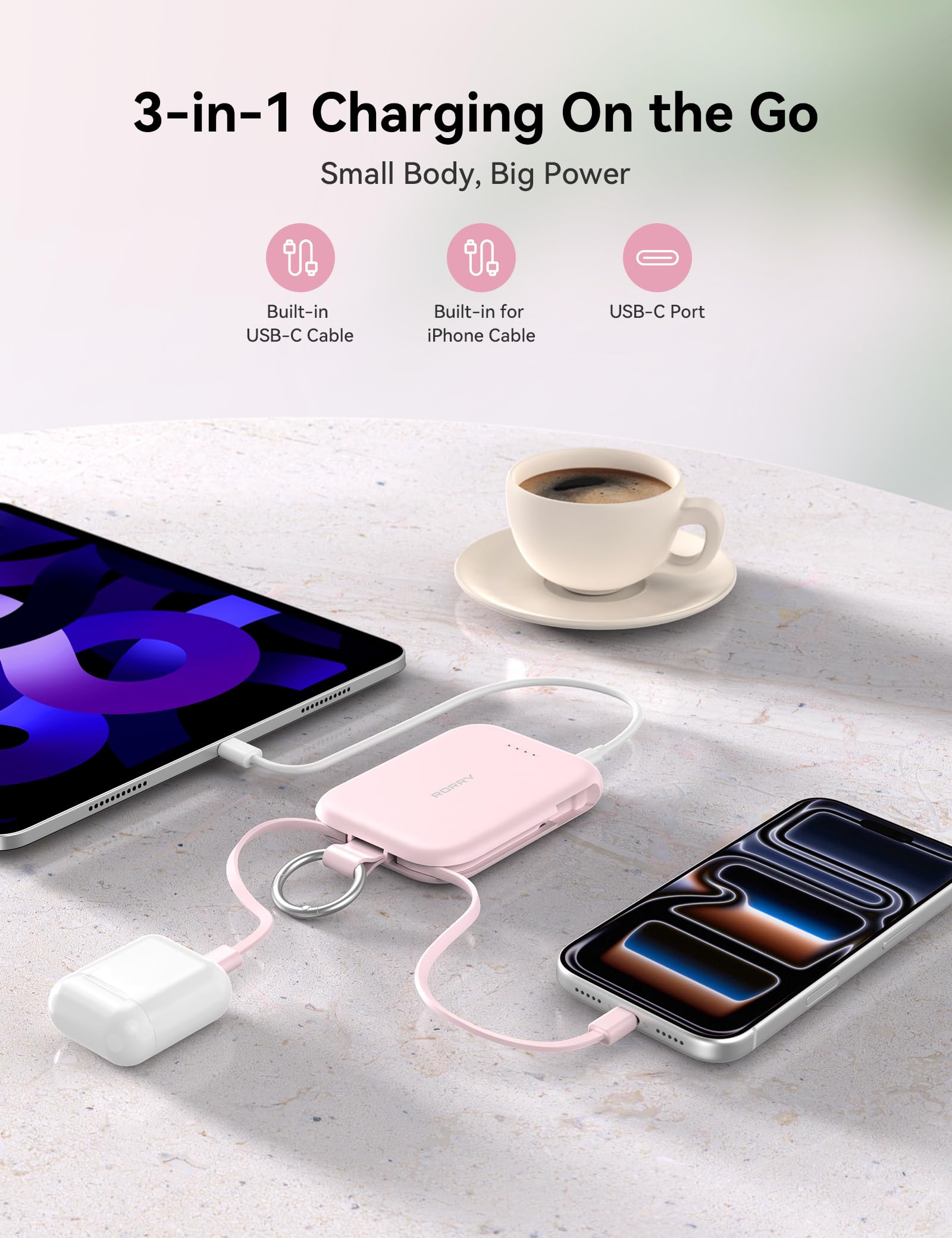 RORRY CharmGo Portable Charger, 5000mAh Power Bank with Built-in Cables