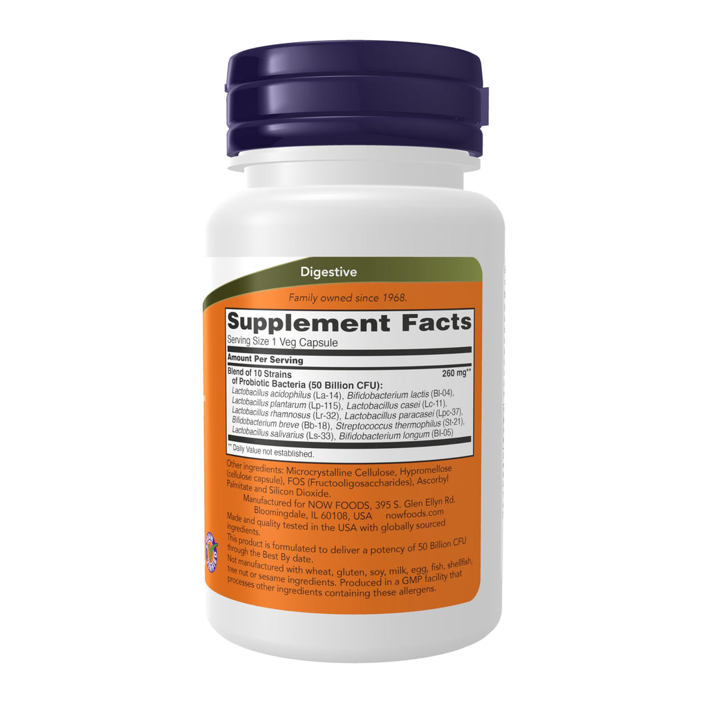 NOW Foods Supplements, Probiotic-10™, 50 Billion, with 10 Probiotic Strains, Strain Verified, 50 Veg Capsules