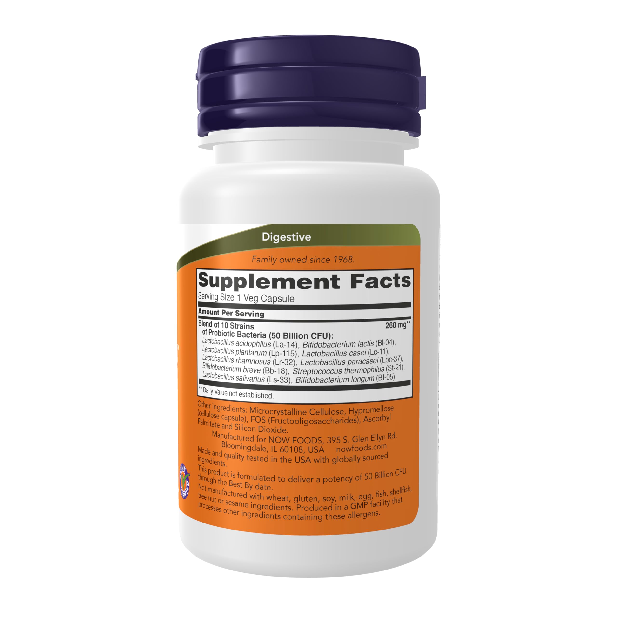 NOW Foods Supplements, Probiotic-10™, 50 Billion, with 10 Probiotic Strains, Strain Verified, 50 Veg Capsules