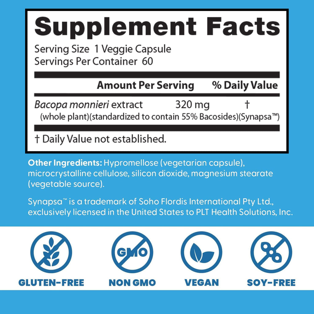 Doctors Best Bacopa Capsules - Bacopa Monnieri Extract Supplement for Men & Women, Supports Antioxidant Activity in the Brain, Memory & Focus Support, Vegan, Gluten Free, Non GMO - 60 Veg Caps