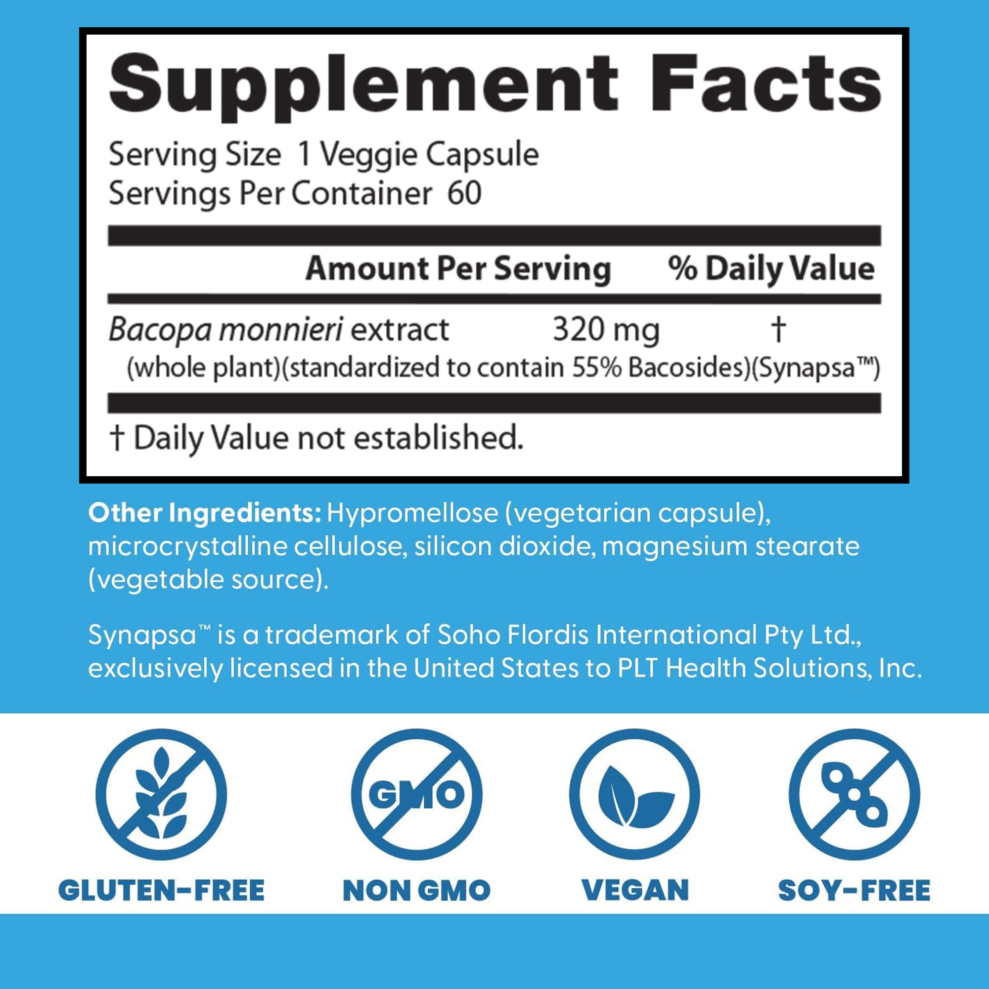 Doctors Best Bacopa Capsules - Bacopa Monnieri Extract Supplement for Men & Women, Supports Antioxidant Activity in the Brain, Memory & Focus Support, Vegan, Gluten Free, Non GMO - 60 Veg Caps